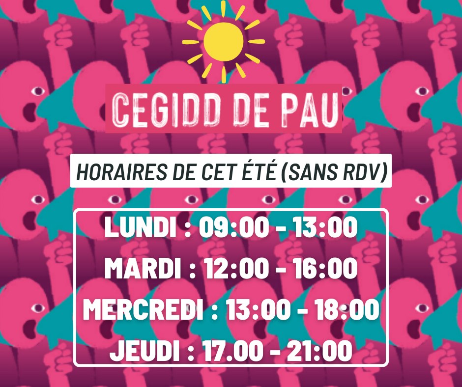 Image affichant les horaires d'été du CEGIDD PAU